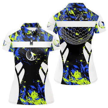 Custom Name Women's Golf Polo Shirt in Green Blue Camo and White - Stylish Golf Gift for Ladies N7255