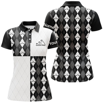 Women's Personalized Golf Polo Shirts in Classic Black and White with Golf Ball and Club Design N5439