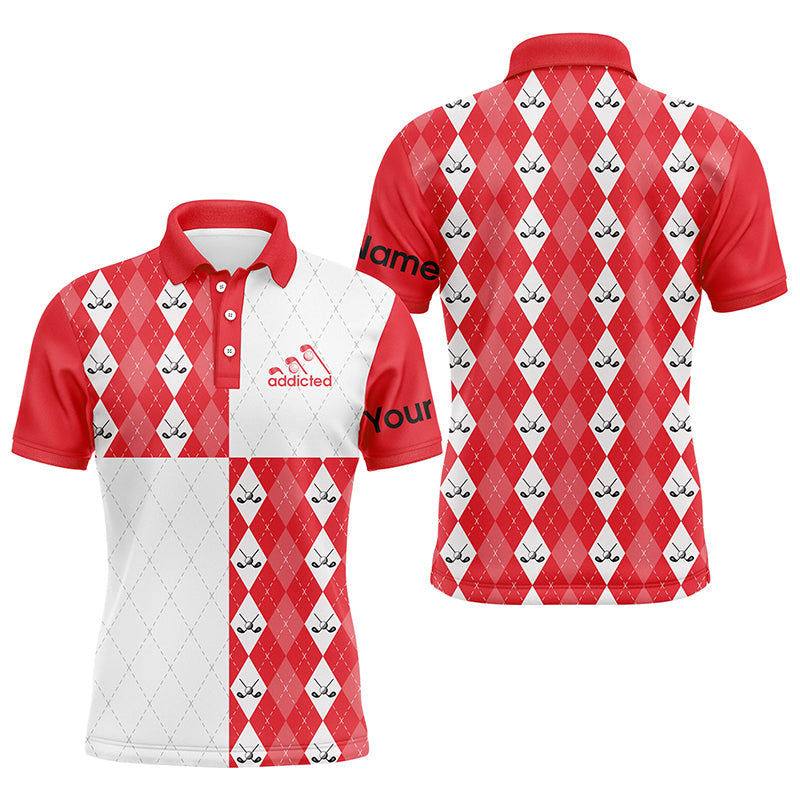 Men's Custom Red and White Golf Polo Shirt with Golf Ball and Clubs Argyle Plaid Pattern N7446