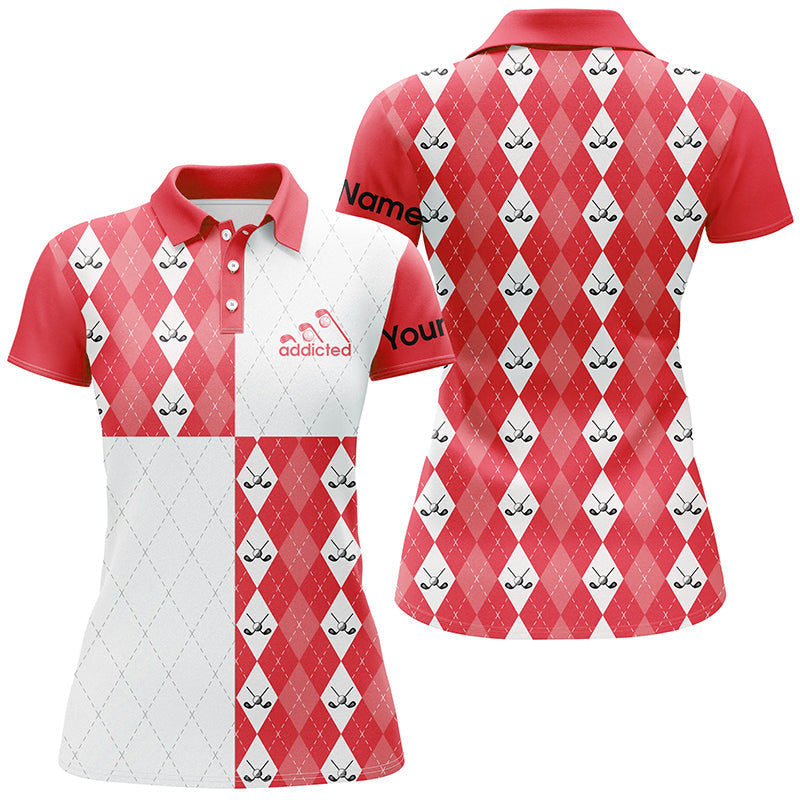 Custom Name Women's Golf Polo Shirt in Red and White with Golf Ball and Clubs Argyle Plaid Pattern N7446