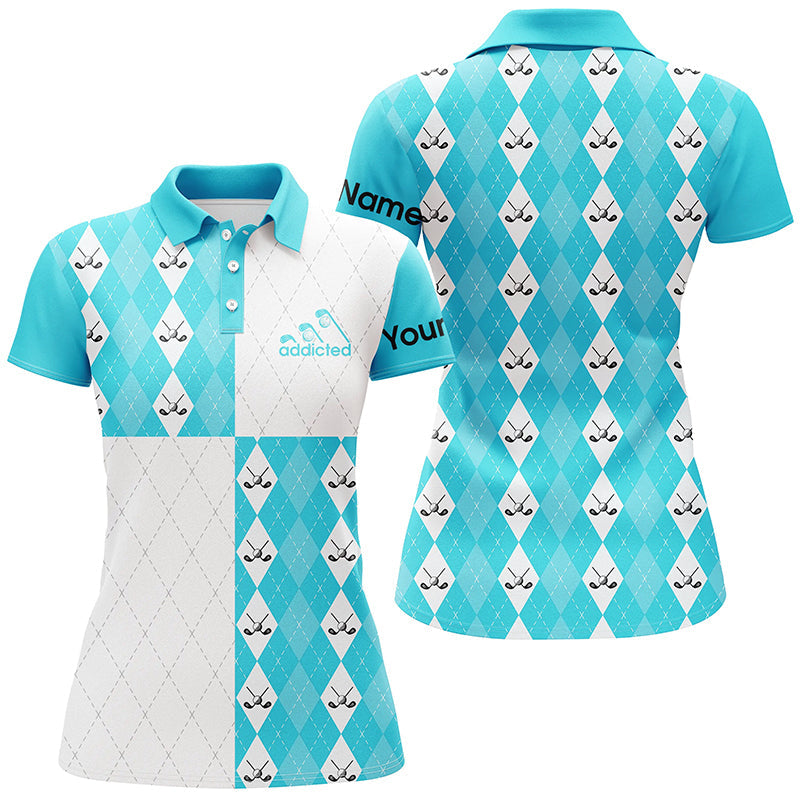 Women's Cyan Blue and White Golf Polo Shirt with Custom Golf Ball and Clubs Argyle Plaid Pattern N7447