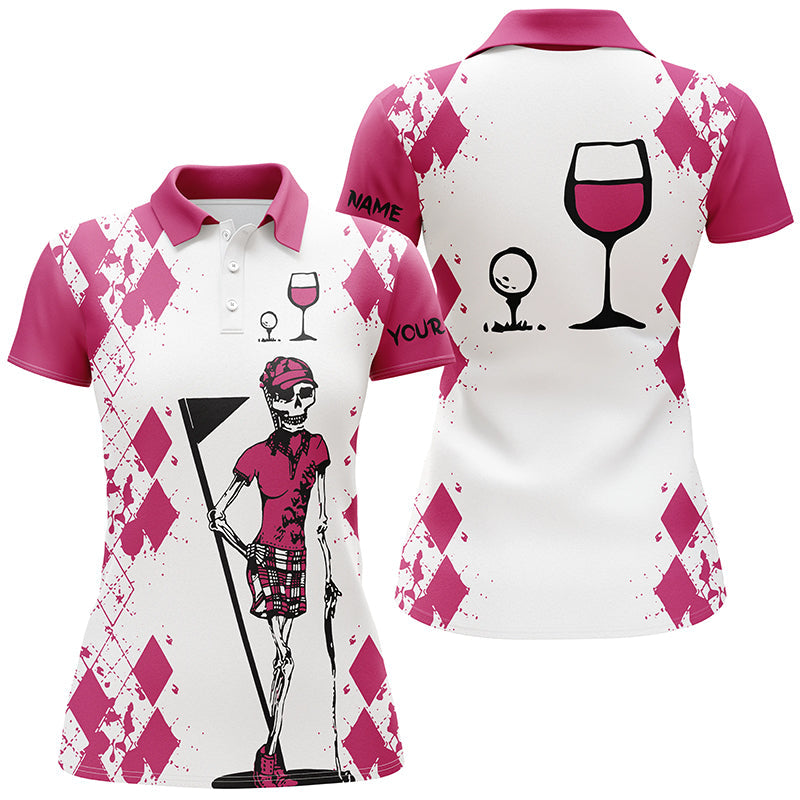 Personalized Women's Golf Polo Shirt with Skull Design - White/Pink - Golf & Wine Theme N3451