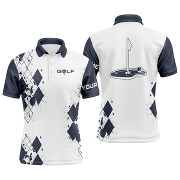 Stylish Men's Custom Name White Golf Polo Shirt with Blue Argyle Pattern - Perfect Golf Gift N4525