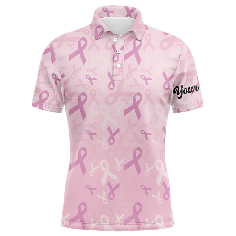 Personalized Men's Golf Polo Shirts with Pink Ribbon Pattern for Breast Cancer Awareness N6377