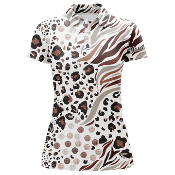 Custom Name Women's Golf Polo Shirts with White Animal Mix Leopard Skin Prints N4914