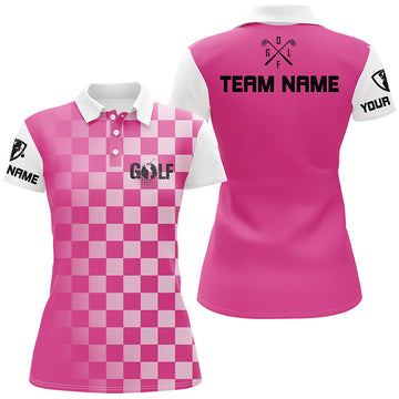 Women's Custom Name Pink Checkered Pattern Golf Polo Shirt - Ladies Golf Apparel N4561