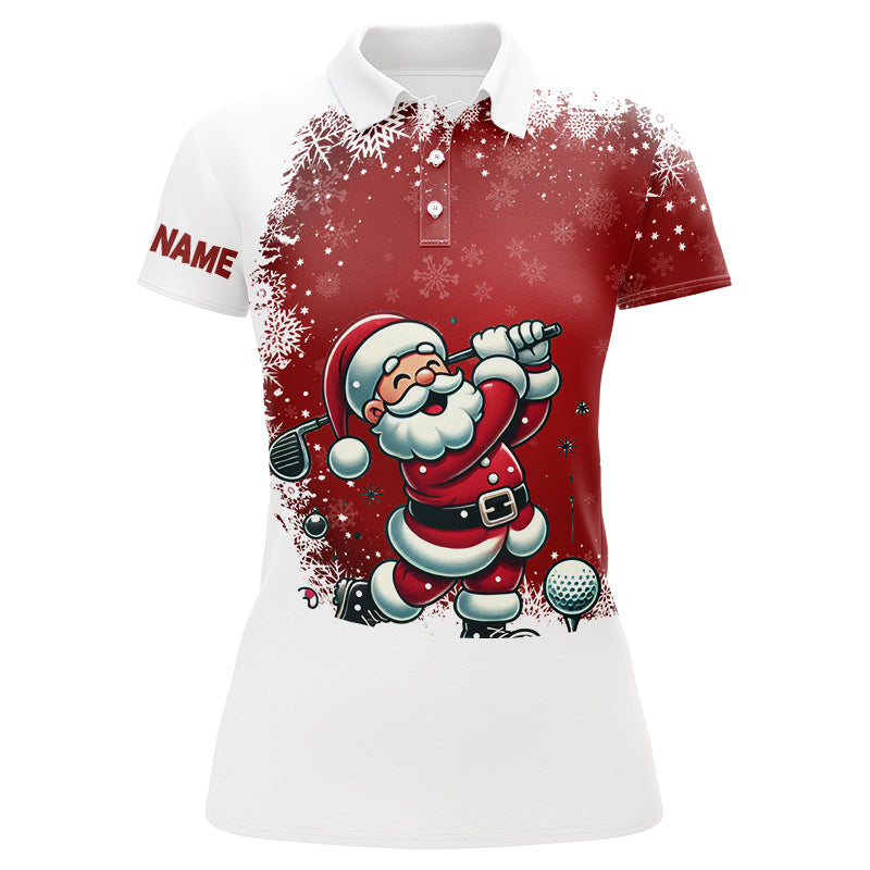 Red and White Christmas Pattern Santa Golfer Women's Golf Polo Shirt - Custom Holiday Apparel for Ladies N8949