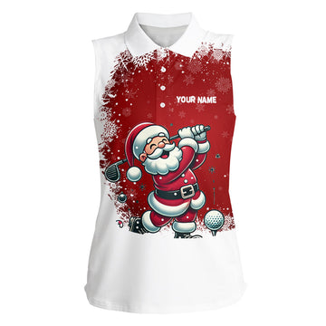 Santa Golfer Women's Sleeveless Polo Shirt - Red and White Christmas Pattern Custom Golf Shirt for Ladies N8949