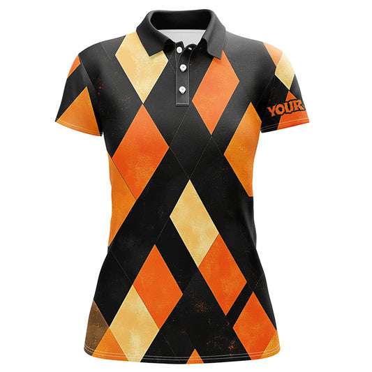 
Women's Black and Orange Argyle Golf Polo Shirt - Custom Halloween Design
 N8290