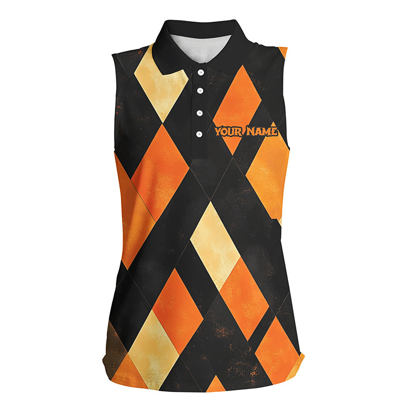 
Women's Custom Halloween Golf Shirt, Black and Orange Argyle Pattern, Sleeveless Polo, Casual Sportswear
 N8290