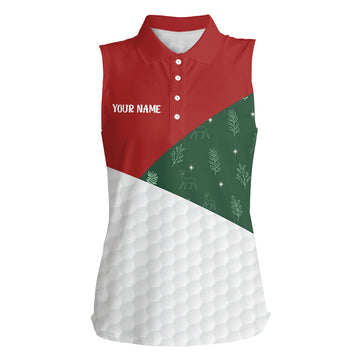 Women's Sleeveless Polo Shirt with Red, White, and Green Christmas Pattern - Custom Holiday Golf Top N8974