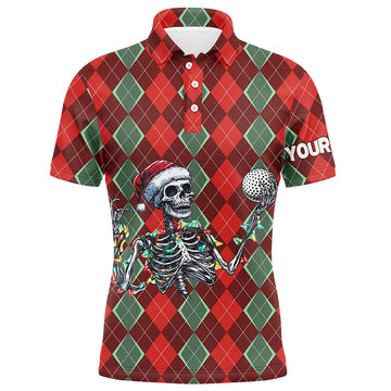 Funny Skull Christmas Argyle Plaid Pattern Men's Golf Polo Shirt - Custom Holiday Golf Outfit N8975