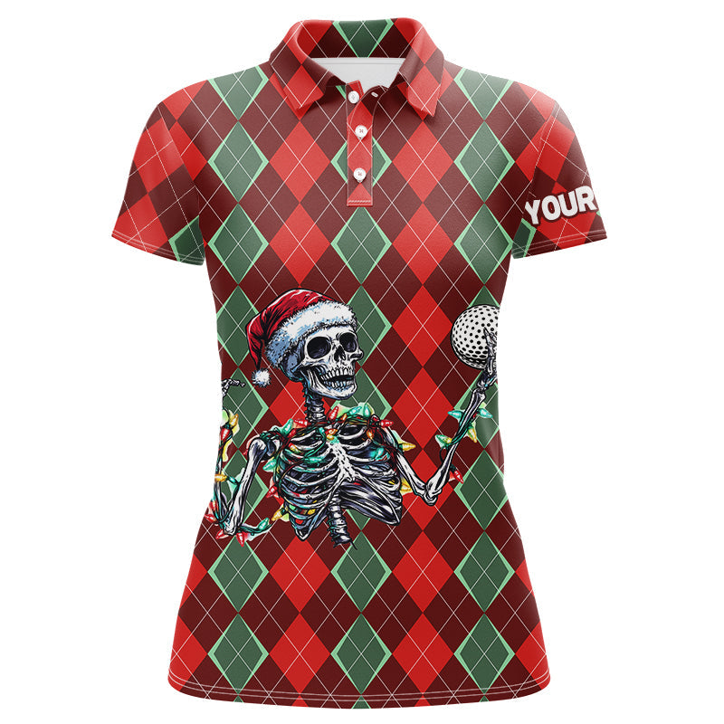 Funny Skull Christmas Argyle Plaid Women’s Golf Polo Shirt - Custom Holiday Golf Outfit for Ladies N8975