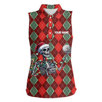 Funny Skull Christmas Argyle Plaid Pattern Women's Sleeveless Polo Shirt - Custom Xmas Golf Outfit N8975