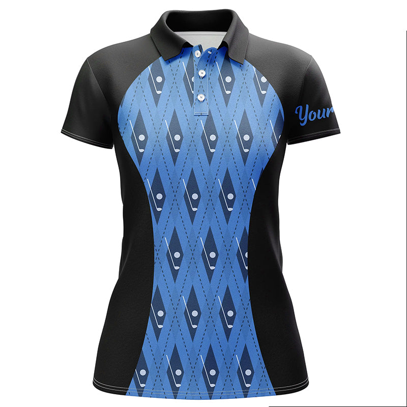 Custom Black and Blue Argyle Pattern Women's Golf Polo Shirt - Team Ladies Golf Tops N7313