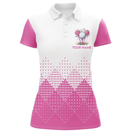 
Custom Women's Golf Shirts - White and Pink Argyle Plaid Pattern, Personalized Golf Gifts for Ladies
 N8310