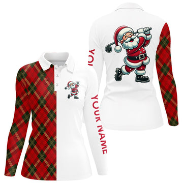 Red Plaid Christmas Santa Golf Polo Shirt for Women - Custom Xmas Golf Top for Ladies N8995