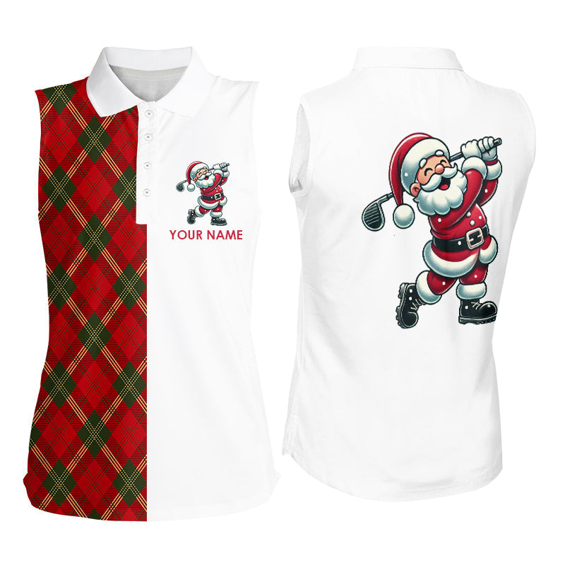 Red Plaid Christmas Santa Golf Sleeveless Polo Shirt for Women - Custom Xmas Golf Top N8995