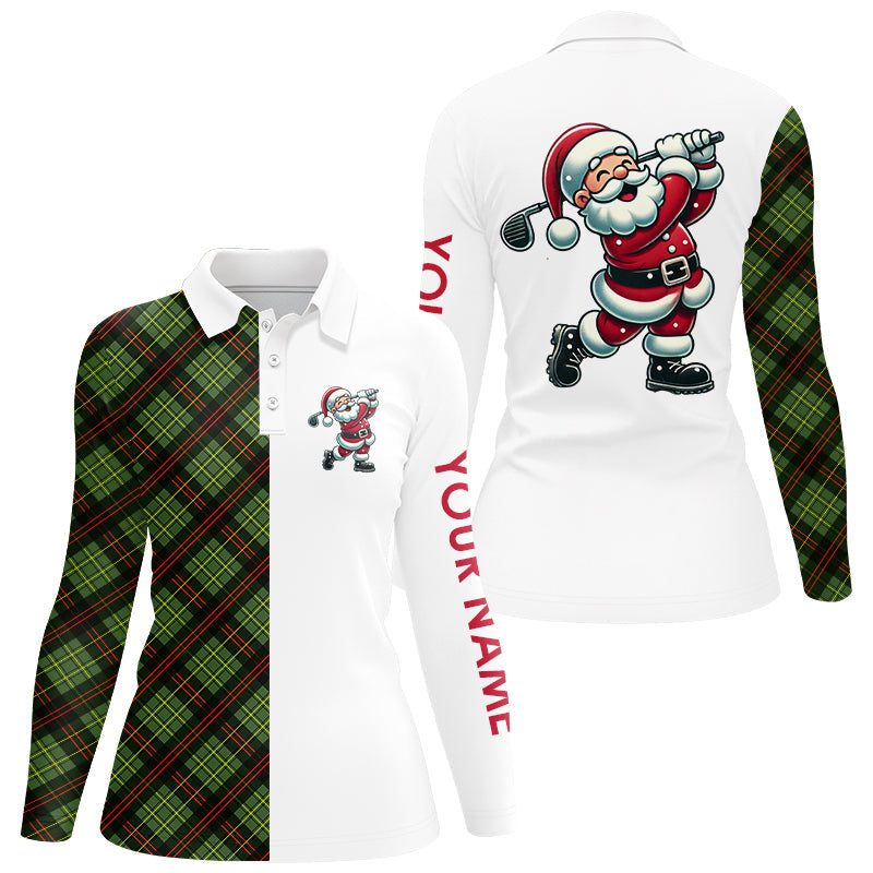 Women's Green Plaid Christmas Santa Golf Polo Shirt - Custom Xmas Golf Top N8996