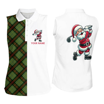 Ladies' Green Plaid Christmas Santa Golf Sleeveless Polo Shirt - Custom Xmas Golf Top N8996