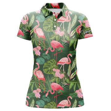 Customized Women's Golf Polo Shirts with Flamingo Green Tropical Palm Leaves Pattern - Personalized Team Golf Polo Shirts N4780