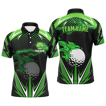 Custom Black Men's Golf Polo Shirt with Green Fire Lightning Design - Premium Golf Attire for Men N7325