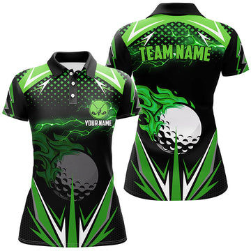 Custom Black Women's Golf Polo Shirt with Green Fire Lightning Design - Team Golf Jersey for Ladies N7325