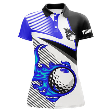 Women's Custom Flame Golf Ball Fire Golf Polo Shirt - Unique Golf Apparel for Ladies | Blue N7520