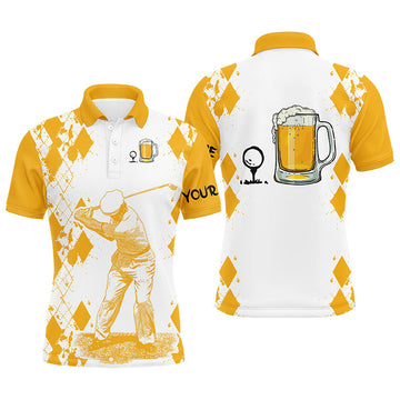 Personalized Men's Golf Polo Shirt - White and Yellow, Perfect Golf Gift for Dad with Custom Name N3976