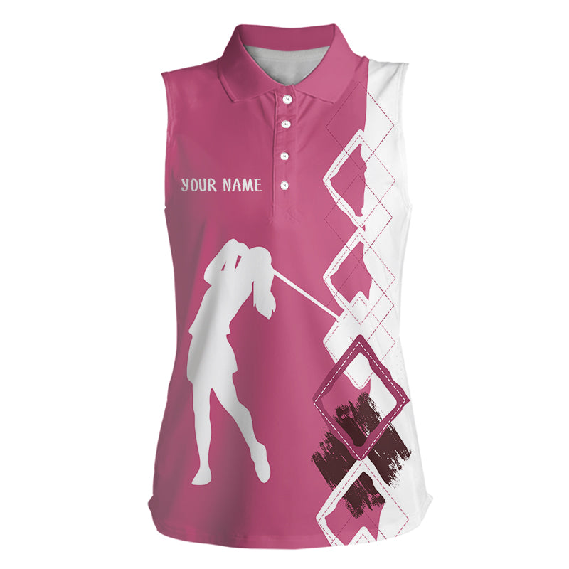 Pink & White Argyle Pattern Women's Sleeveless Polo Shirt - Custom Golf Attire for Ladies' Team N9023