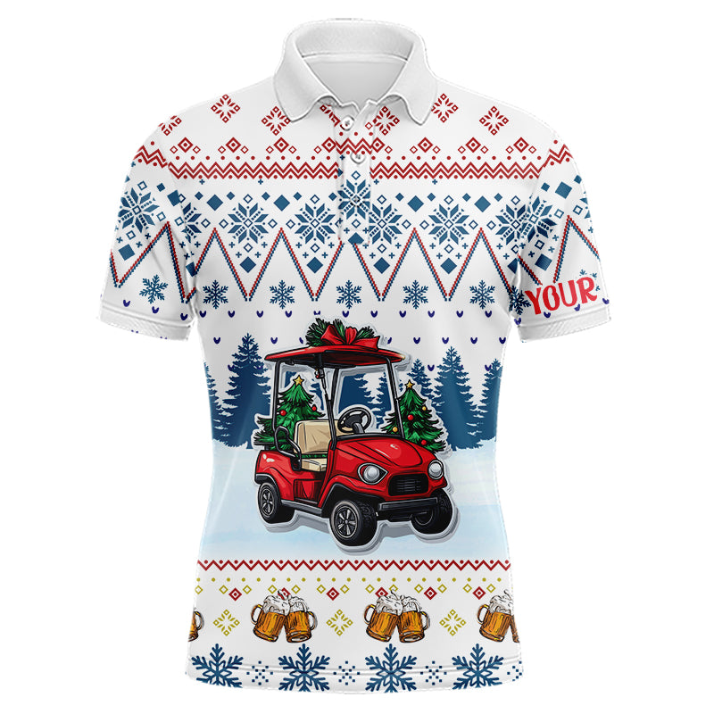 Men's Blue Golf Polo Shirt with Custom Ugly Christmas Pattern - Golf Cart & Beer Design N9031