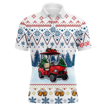 Men's Blue Golf Polo Shirt with Custom Ugly Christmas Pattern - Golf Cart & Beer Design N9031