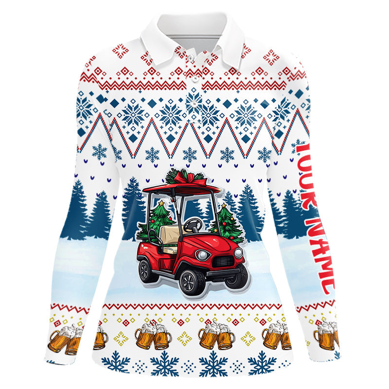 Women’s Golf Polo Shirt - Custom Ugly Christmas Pattern with Golf Cart and Beer - Blue N9031