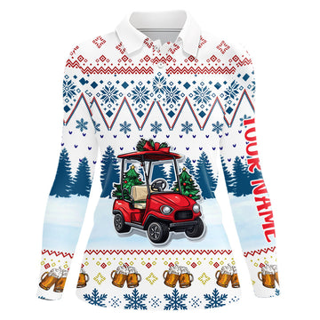 Women’s Golf Polo Shirt - Custom Ugly Christmas Pattern with Golf Cart and Beer - Blue N9031