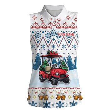 Women’s Sleeveless Polo Shirt with Custom Ugly Christmas Pattern | Golf Cart & Beer Design | Blue N9031