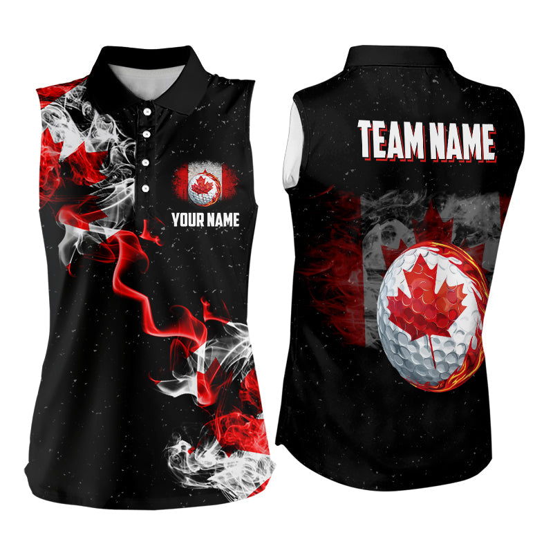 Smoke Canadian Flag Black Grunge Women's Sleeveless Polo Shirt - Custom Patriotic Golf Top N9033