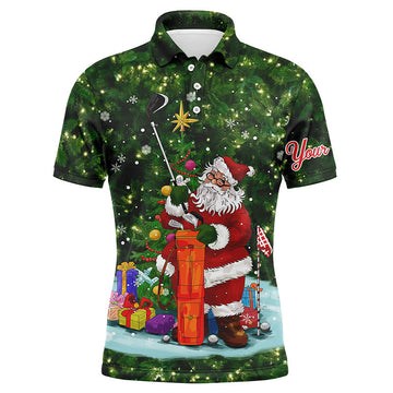 Personalised Men's Green Christmas Golf Polo Shirt - Festive Santa Golfer Design - Ideal Christmas Golf Gift N4430