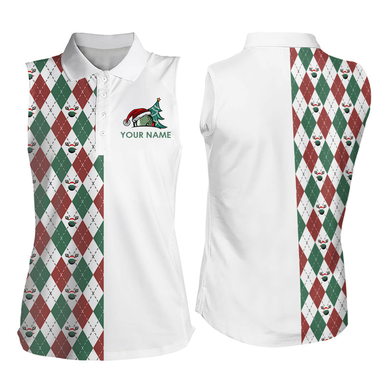 Christmas Women's Sleeveless Polo Shirt - Custom Red, White, Green Argyle Pattern Golf Top N9038