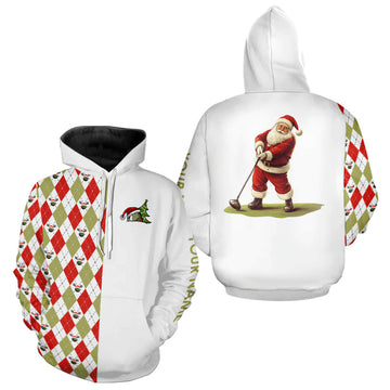 Christmas Golf Hoodie - Custom Red, White, Green Argyle Pattern - Santa Golfer Xmas Gift for Golfers N9039