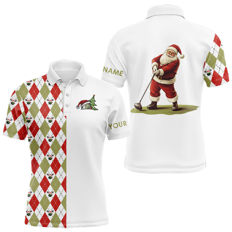 Christmas Men's Golf Polo Shirt - Custom Red, White, Green Argyle Pattern - Santa Golfer Xmas Gift N9039