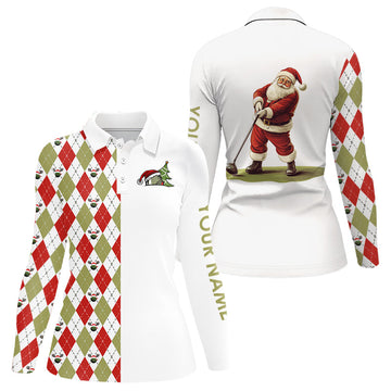 Christmas Women's Golf Polo Shirt - Custom Argyle Pattern in Red, White, Green - Santa Golfer Xmas Gifts N9039