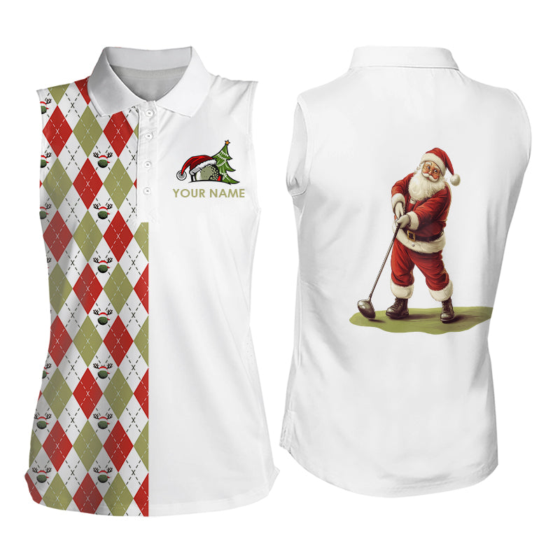 Christmas Women's Sleeveless Polo Shirt - Custom Red, White, Green Argyle Pattern - Santa Golfer Golf Gift N9039