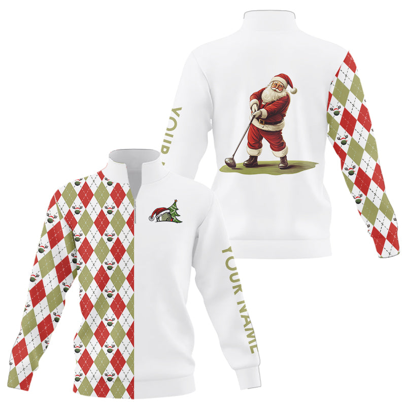 Christmas Argyle Quarter Zip Golf Sweatshirt for Men - Custom Red, White & Green Santa Golfer Design N9039