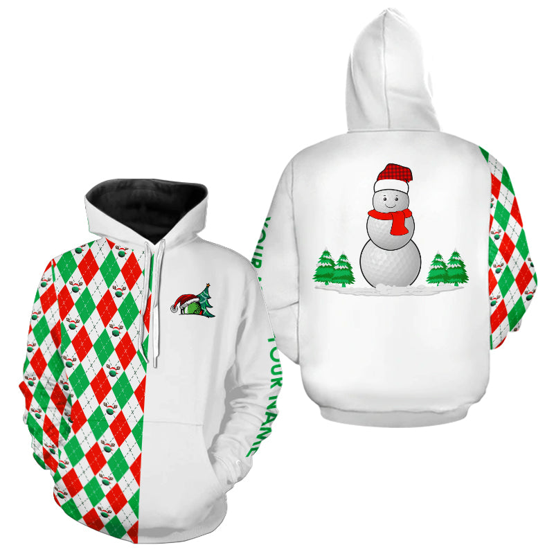 Custom Christmas Golf Hoodie - Red, White, Green Argyle Pattern with Snowman Golf Ball - Perfect Xmas Gift N9040