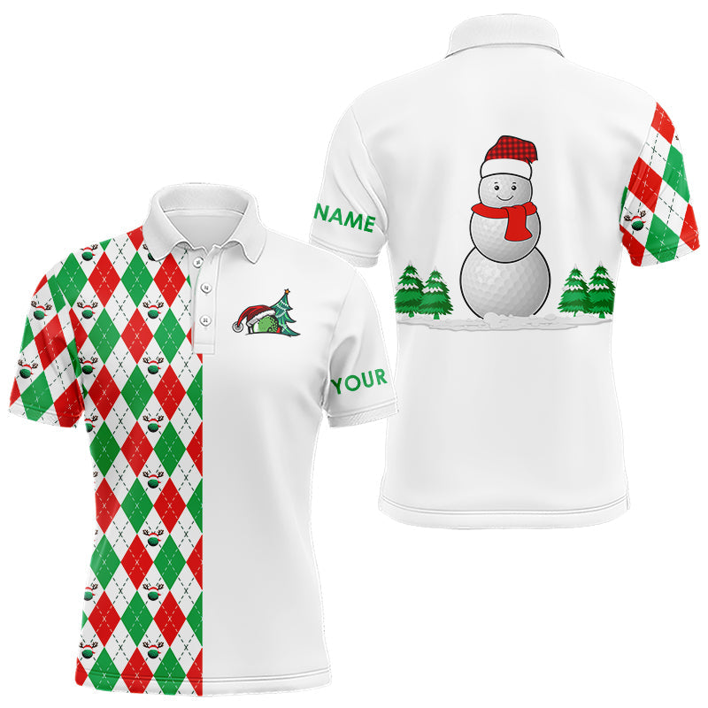 Christmas Men's Golf Polo Shirt, Custom Argyle Pattern with Snowman and Golf Balls, Red, White, Green, Perfect Holiday Gift N9040