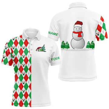 Christmas Men's Golf Polo Shirt, Custom Argyle Pattern with Snowman and Golf Balls, Red, White, Green, Perfect Holiday Gift N9040