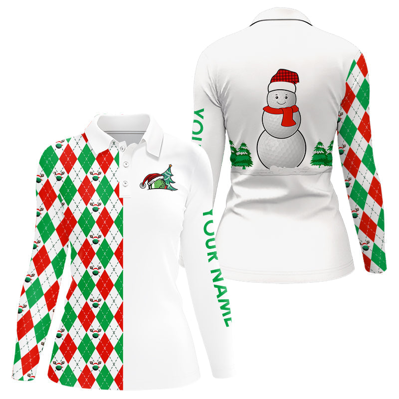 Women's Christmas Golf Polo Shirt - Custom Argyle Pattern with Snowman and Golf Ball - Red, White, Green Holiday Gift N9040