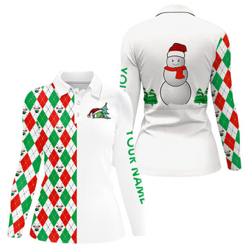 Women's Christmas Golf Polo Shirt - Custom Argyle Pattern with Snowman and Golf Ball - Red, White, Green Holiday Gift N9040