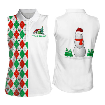 Christmas Women Sleeveless Polo Shirt - Custom Red, White, Green Argyle Snowman Design - Perfect Golf Ball Xmas Gift N9040