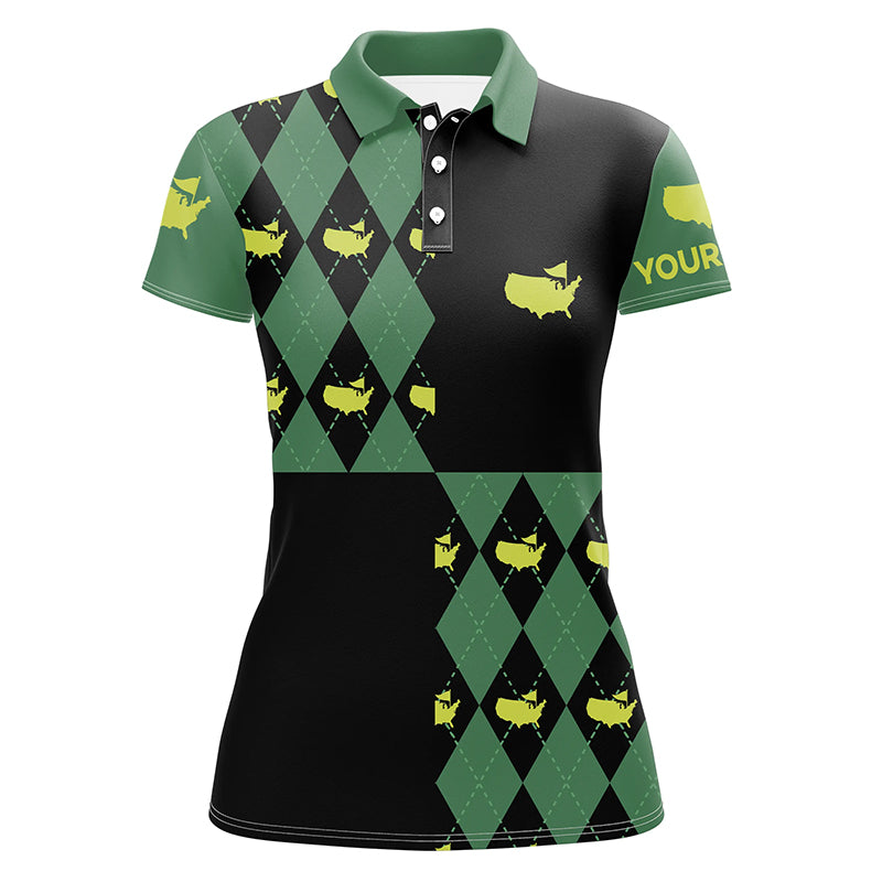 Women's Custom Green and Black Argyle Pattern Golf Polo Shirts - Stylish Golf Tops for Ladies N7202